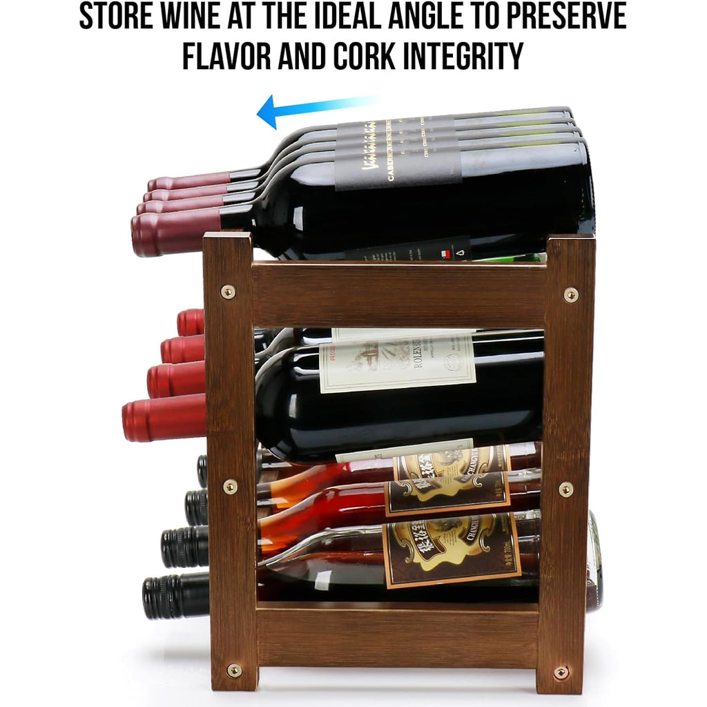 Bamboo Wine Rack, 3-Tier 12 Bottles Wine Storage Cabinet Shelf, Easy-Assembly Freestanding Bamboo Wine Racks Countertop For Kitchen Pantry Dining Room Bar, Walnut