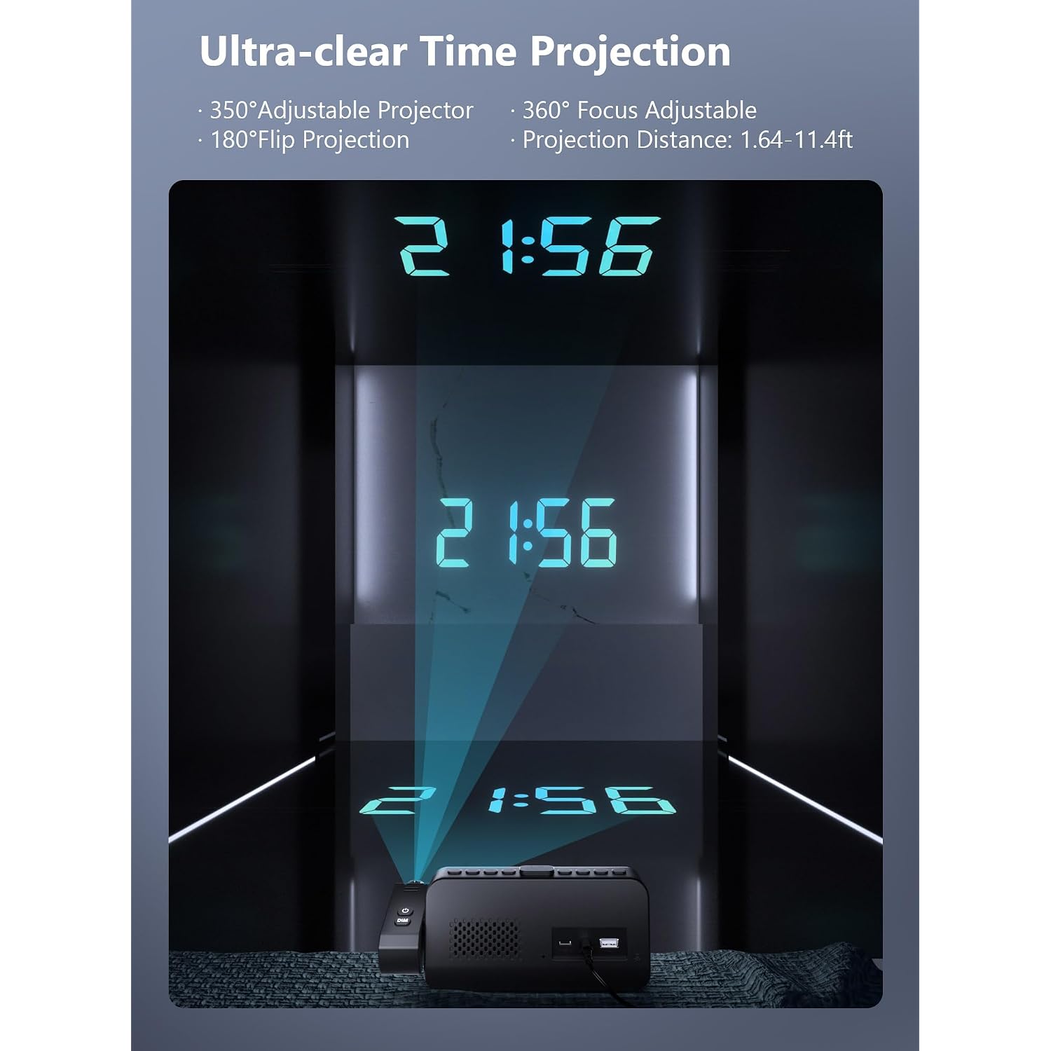 Projection Clock For Bedroom Ceiling, Alarm Clock For Heavy Sleepers | 350° Rotatable Projector, Dual Alarms, 5 Brightness, Weekday/Weekend Mode, Temp & Humidity, Snooze, Usb Charger