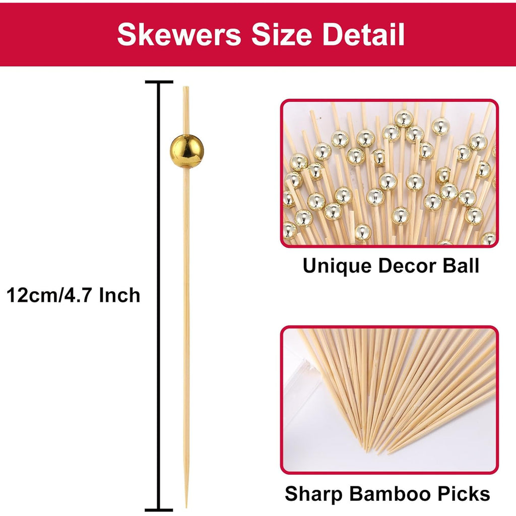 200 Pcs Cocktail Picks, Gold Plastic Ball Decor Skewer for Appetizers, Fruit, Kebabs, Mini Burger, Bamboo Skewers for Drinks, Handheld Toothpicks, Food Sticks Natural, Kitchen Gadget