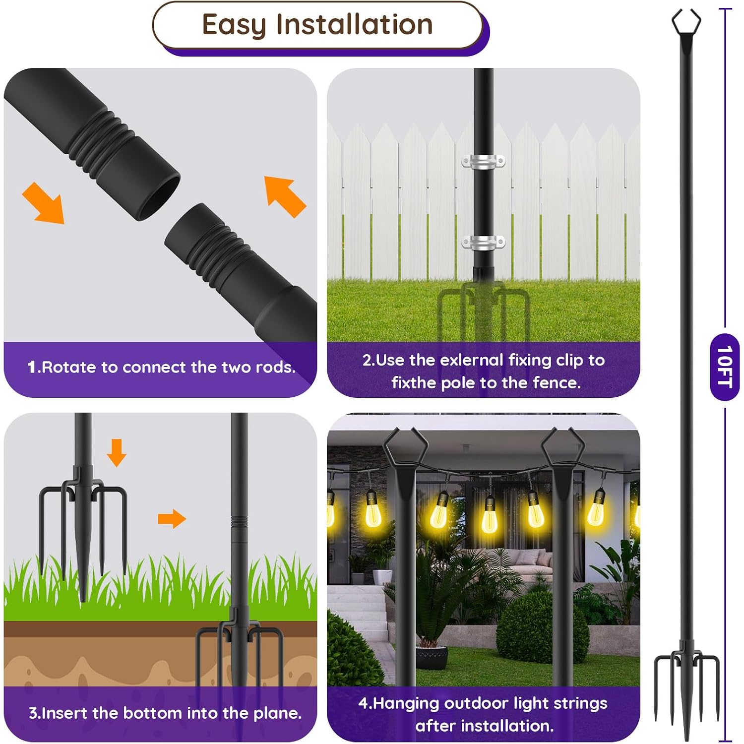Beizelte 4 Pack 10Ft String Light Poles,Light Poles For Outside Lights With Fork,Outdoor Brackets Hanging Lights,Metal Stand For Deck Patio,Backyard,Wedding,Deck,Party
