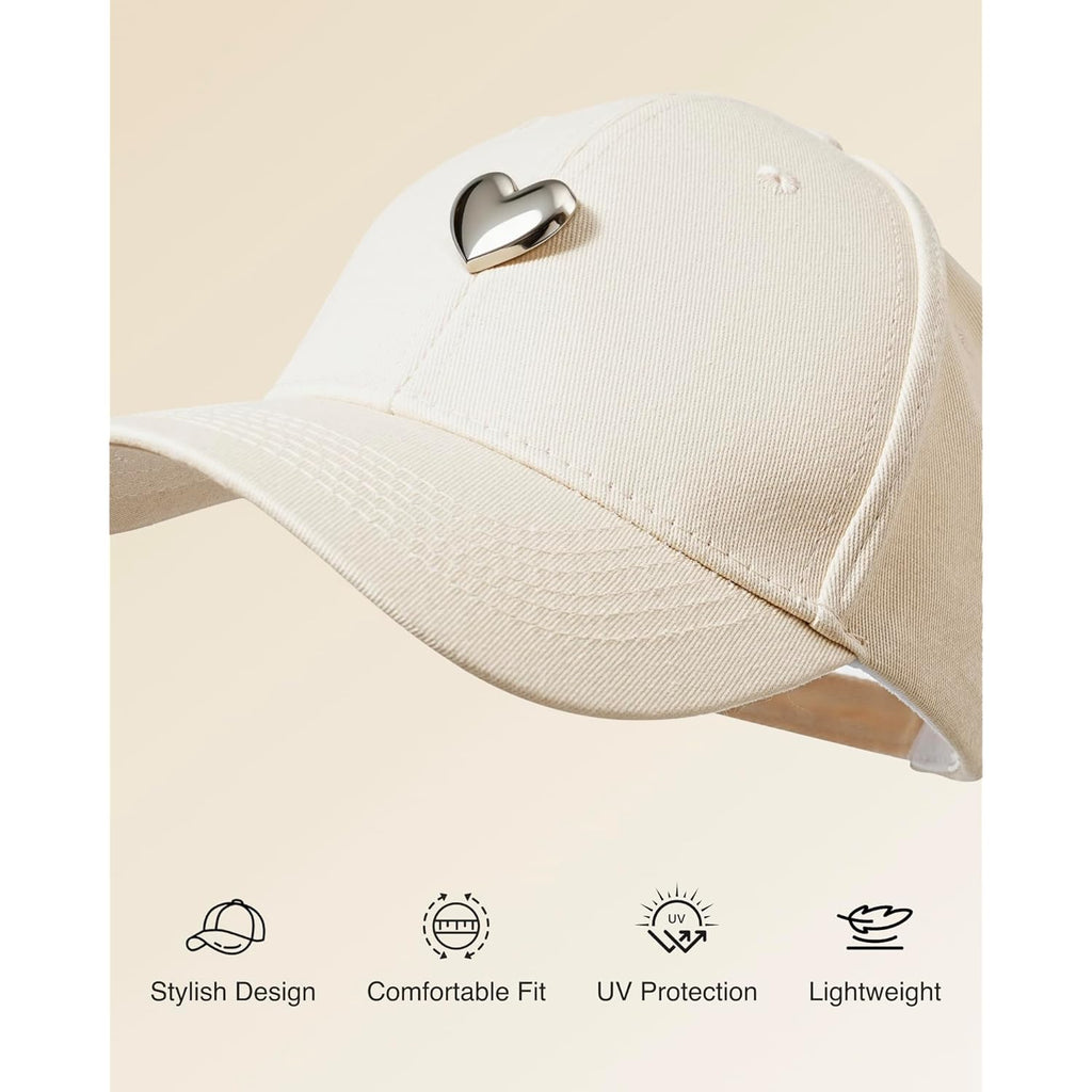 Jeasona Cotton Baseball Cap with 3D Metal Heart Accent - Adjustable, Chic & Minimalist Dad Hat for Hiking & Casual Wear
