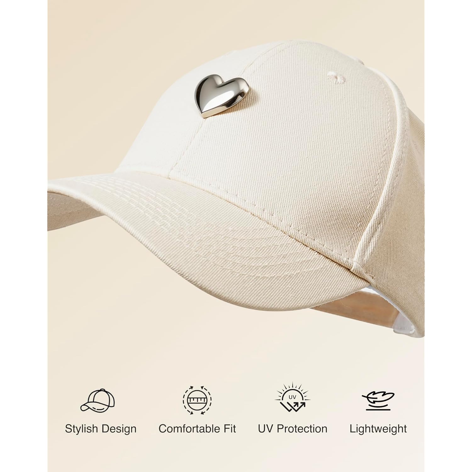 Jeasona Cotton Baseball Cap with 3D Metal Heart Accent - Adjustable, Chic & Minimalist Dad Hat for Hiking & Casual Wear