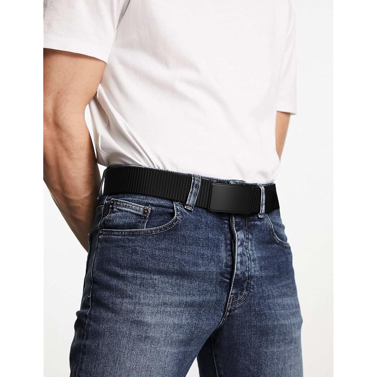 Jukmo Men'S 1.5" Nylon Ratchet Casual Belt For Jeans | Web Click Belt With Slide Buckle, No Holes Adjustable Trim To Fit , Gift Box