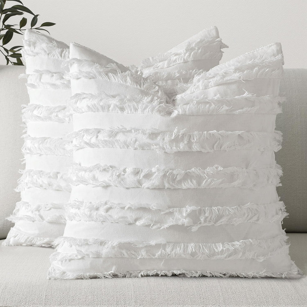 Miulee Set Of 2 Decorative Boho Throw Pillow Covers Linen Striped Jacquard Pattern Spring Cushion Covers For Sofa Couch Living Room Bedroom 18X18 Inch White