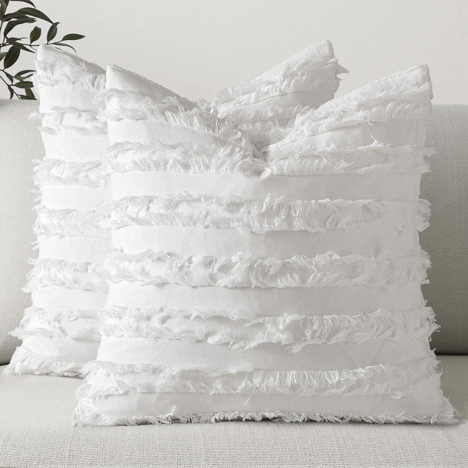 Miulee Set Of 2 Decorative Boho Throw Pillow Covers Linen Striped Jacquard Pattern Spring Cushion Covers For Sofa Couch Living Room Bedroom 18X18 Inch White