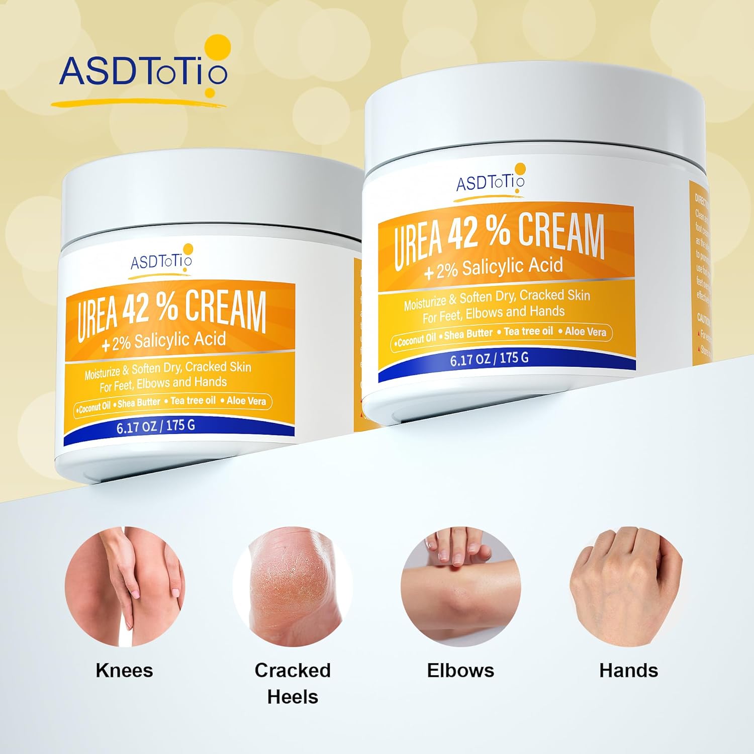 ASDToTio Urea Cream 42% - Foot Care for Dry Cracked Heels, Foot Lotion - With 2% Salicylic Acid, Tea Tree Oil, Shea Butter, Aloe Vera - For Feet, Hands, Heels, Elbows, Knees and More - 6 oz