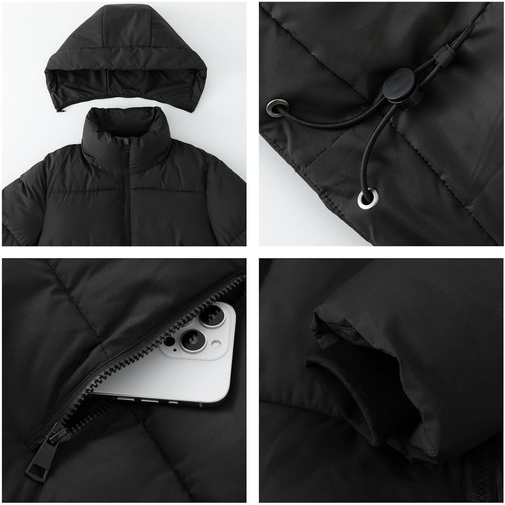 Puffit Women'S Cropped Puffer Jackets,Warm Winter Jacket With Removable Hood,Zipped Pockets,Short Ladies Quilted Coat