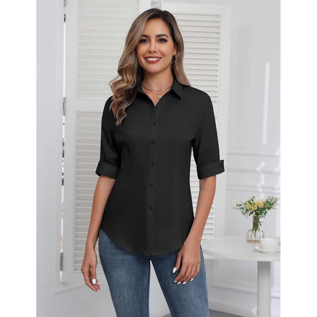 Womens Button Down Shirts 3/4 Sleeve Dress Blouses Business Casual Collared Oxford Tops