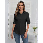 Womens Button Down Shirts 3/4 Sleeve Dress Blouses Business Casual Collared Oxford Tops