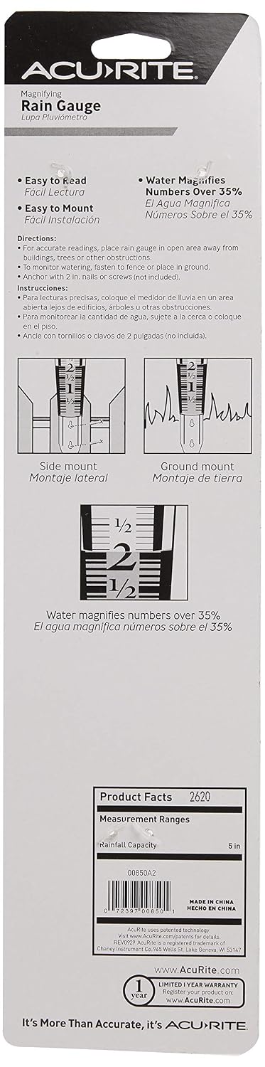Acurite 5" Capacity Easy-To-Read Magnifying Rain Gauge, Acrylic (00850A3)