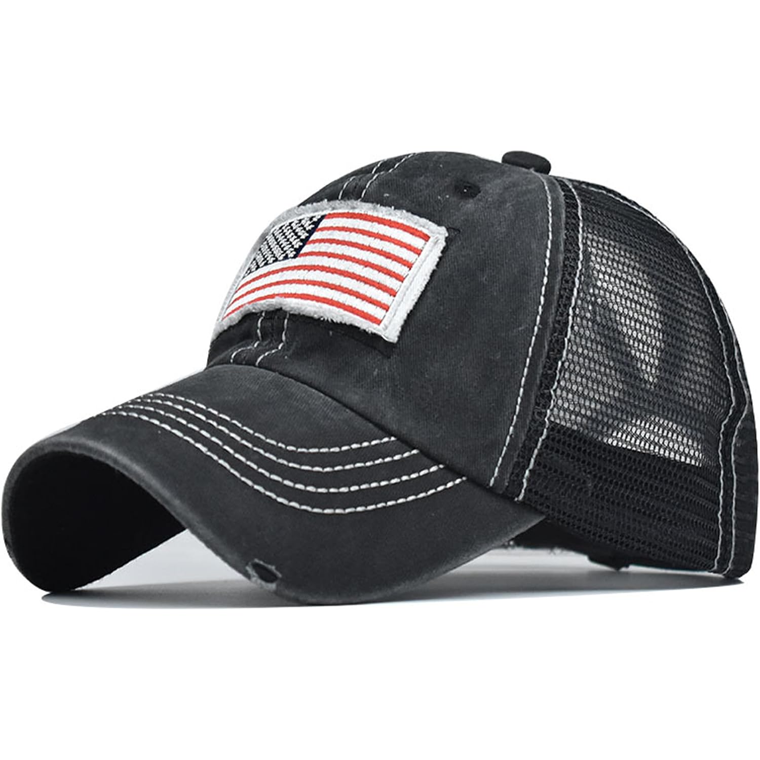 American Flag Baseball Cap High Ponytail Baseball Cap Adjustable Washed Vintage Cotton Denim Distressed Hat Unisex High Ponytail Usa-black