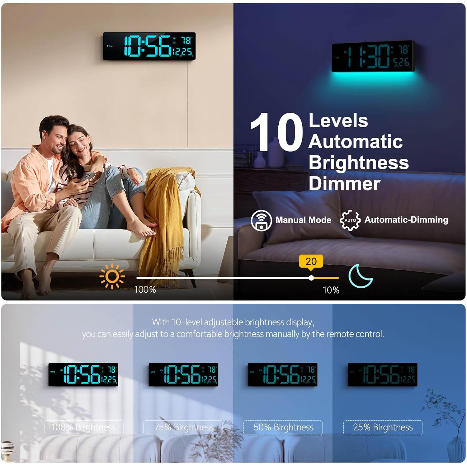 Digital Wall Clock 16", Wall Clocks With 11 Rgb Colors, Alarm Clock With Night Lights, Large Digital Clock For Living Room Bedroom Office Classroom Decor, Auto Dst, Temperature, Remote Control
