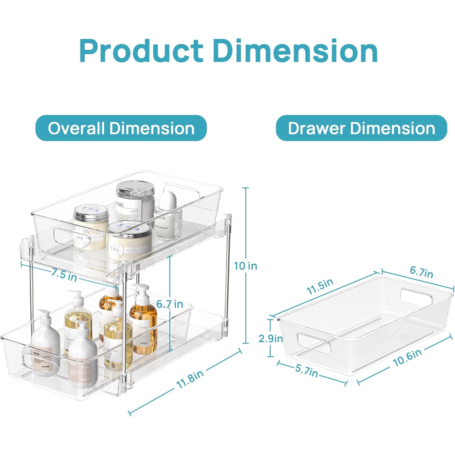 Vtopmart 4 Pack Bathroom Organizer, 2 Tier Clear Under Sink Organizers Vanity Countertop Storage Container,Cabinet Drawers Bins, Pull-Out Organization with Track for Pantry, Kitchen