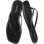 Women Square Toe Leather Flip Flops Lightweight Flat Thong Sandals Summer Vacation Dressy Comfort Slides
