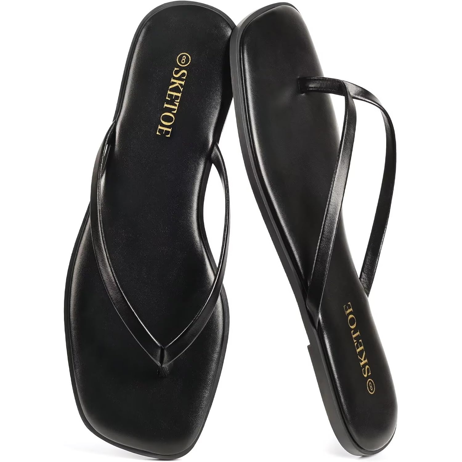Women Square Toe Leather Flip Flops Lightweight Flat Thong Sandals Summer Vacation Dressy Comfort Slides
