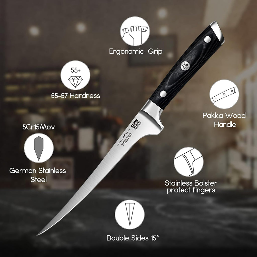 Shan Zu Fillet Knife 7 Inch- Edge Deboning Fish And Meat Boning Knife, Professional Super Sharp Fish Knives Made Of German Stainless Steel Boning Knives With Full Tang Handle