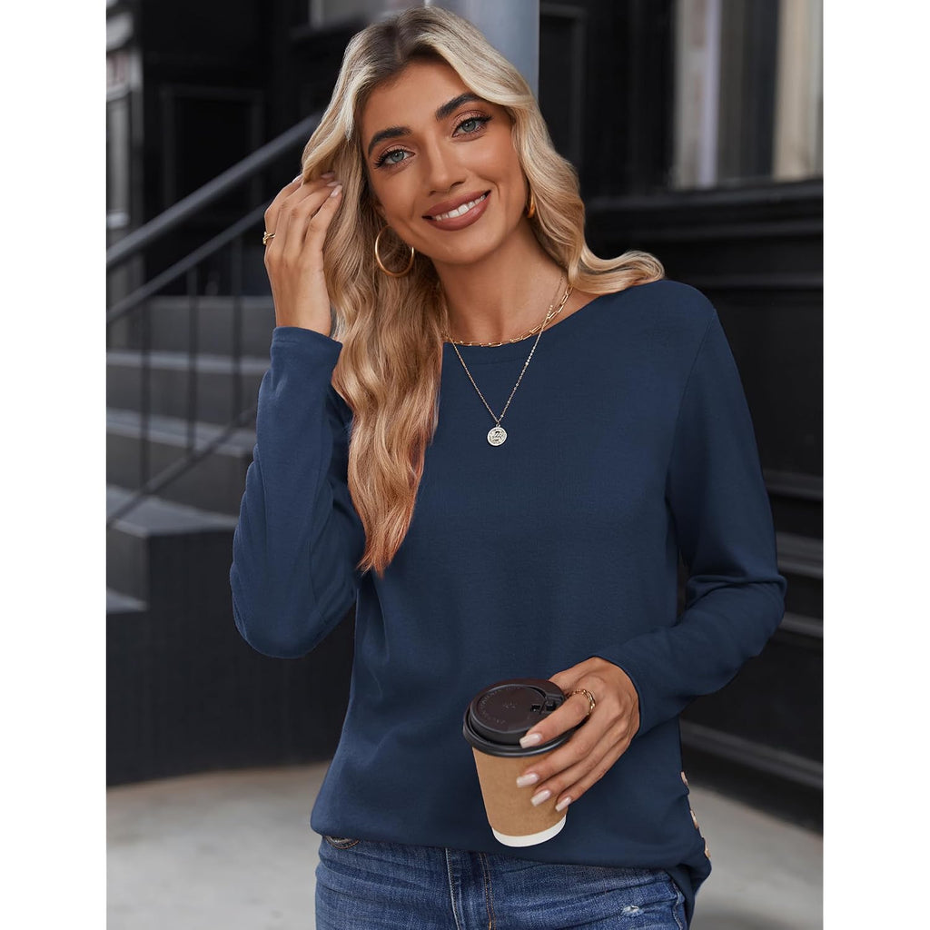 Zeagoo Womens Tops 2025 Long Sleeve Shirts For Fall Round Neck Blouses Floral Tunic Tops With Buttons Decor