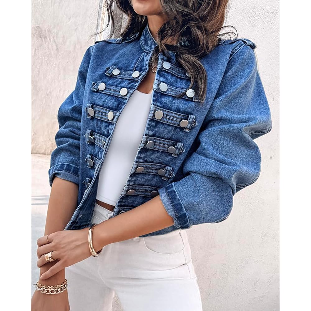 Chicme Denim Jacket For Women Button Up Stand Collar Jeans Jacket Casual Long Sleeve Lightweight Fall Coat