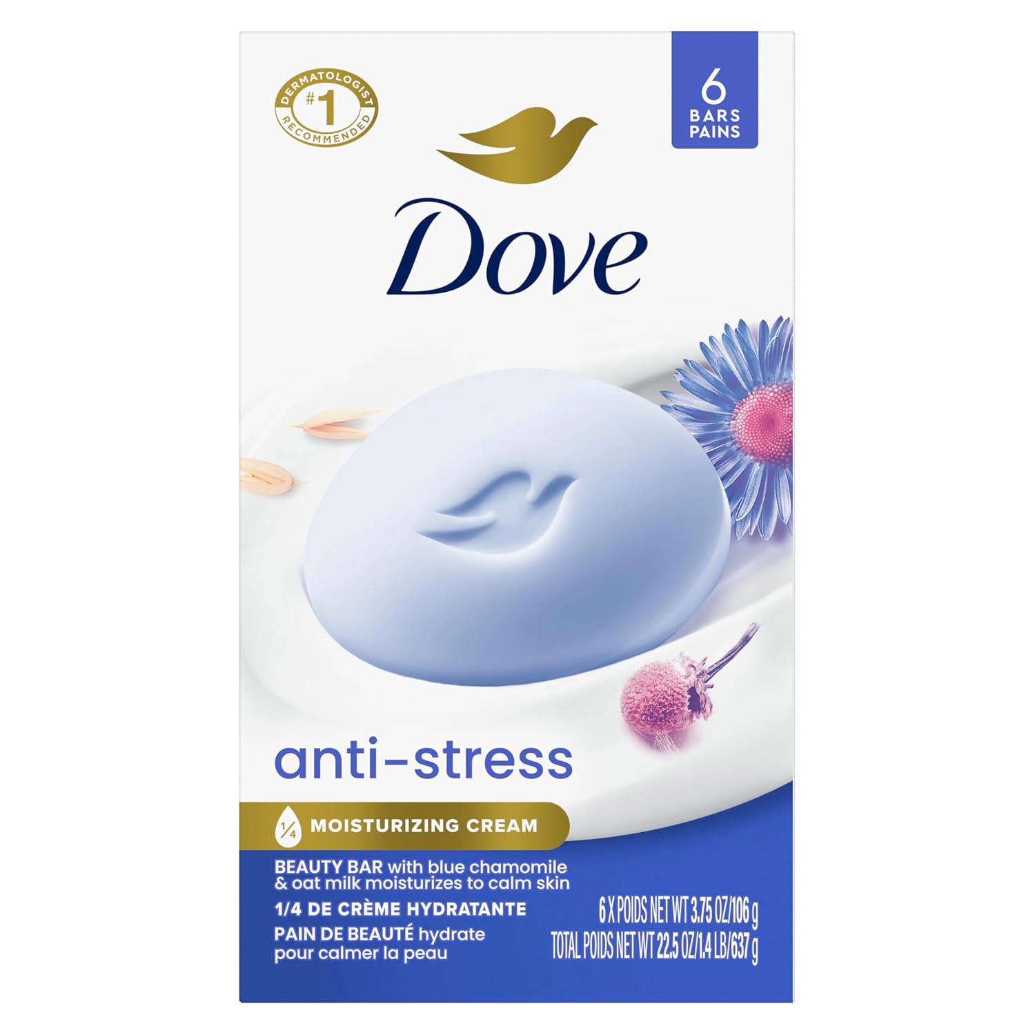 Dove Beauty Bar Gentle Cleanser Anti-Stress Cream Bar Moisturizes To Calm Skin Gentle Bar Soap Cleanser Made With 1/4 Moisturizing Cream 6 Pack