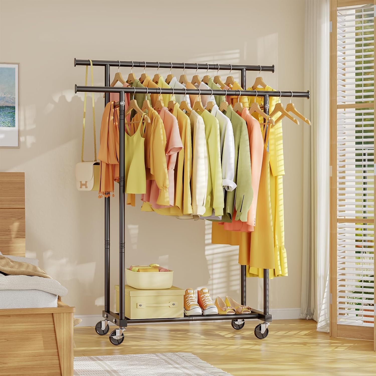 Hyseyy Double Rods Clothes Rack, Rolling Clothing Rack For Hanging Clothes Portable Wardrobe Rack, Metal Garment Rack Sturdy Coat Rack For Bedroom Laundry Living Room, Black