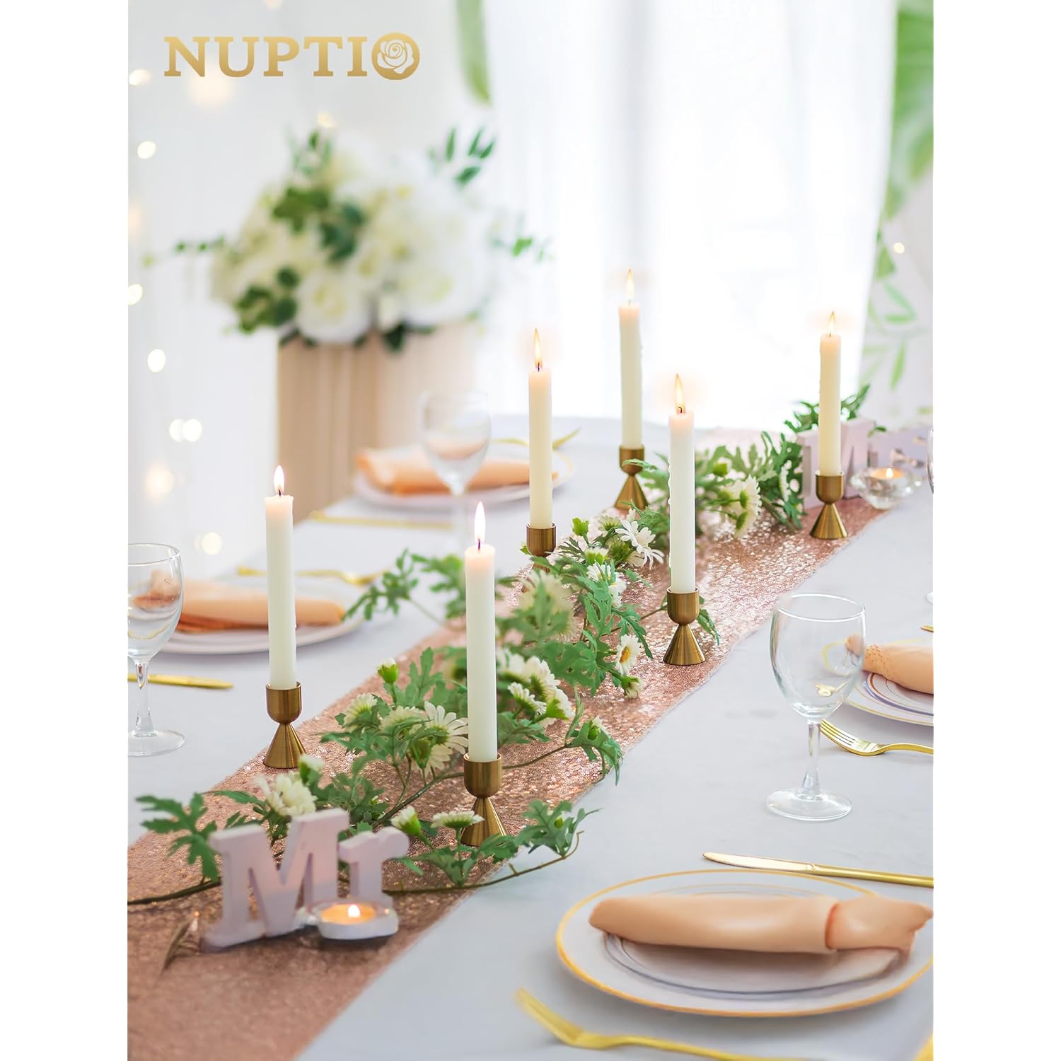 NUPTIO Candle Stick Candle Holder: Set of 4 Gold Aluminium Candlestick Holders - Brass Taper Candleholder for Fall Thanksgiving Christmas Table Fireplace Decoration