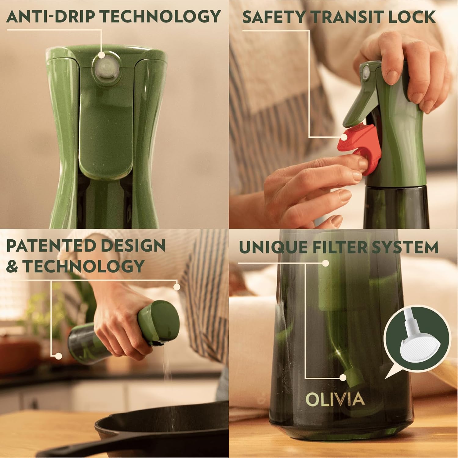 Olivia Signature Advanced Kitchen Oil Sprayer With Flairosol Technology, Fine Mist & Portion Control, Refillable Glass Olive Oil Cooking Spray Bottle For Air Fryer, Salad, Bbq, 200Ml (Green, Gold)