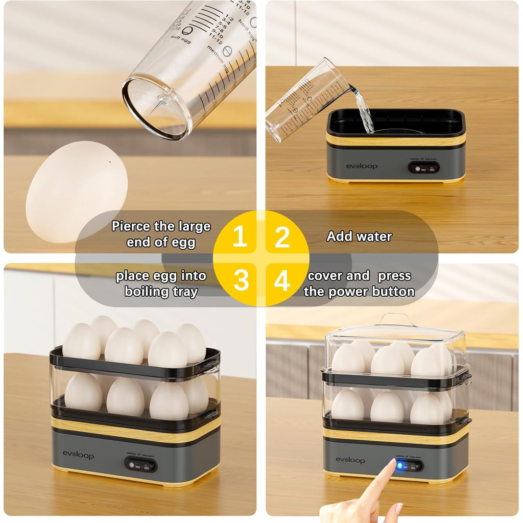 Evoloop Rapid Egg Cooker Electric 12 Eggs Capacity, Soft, Medium, Hard Boiled, Poached, Omelet Maker Egg Poacher & Vegetable Steamer, BPA Free Tray(Grey)