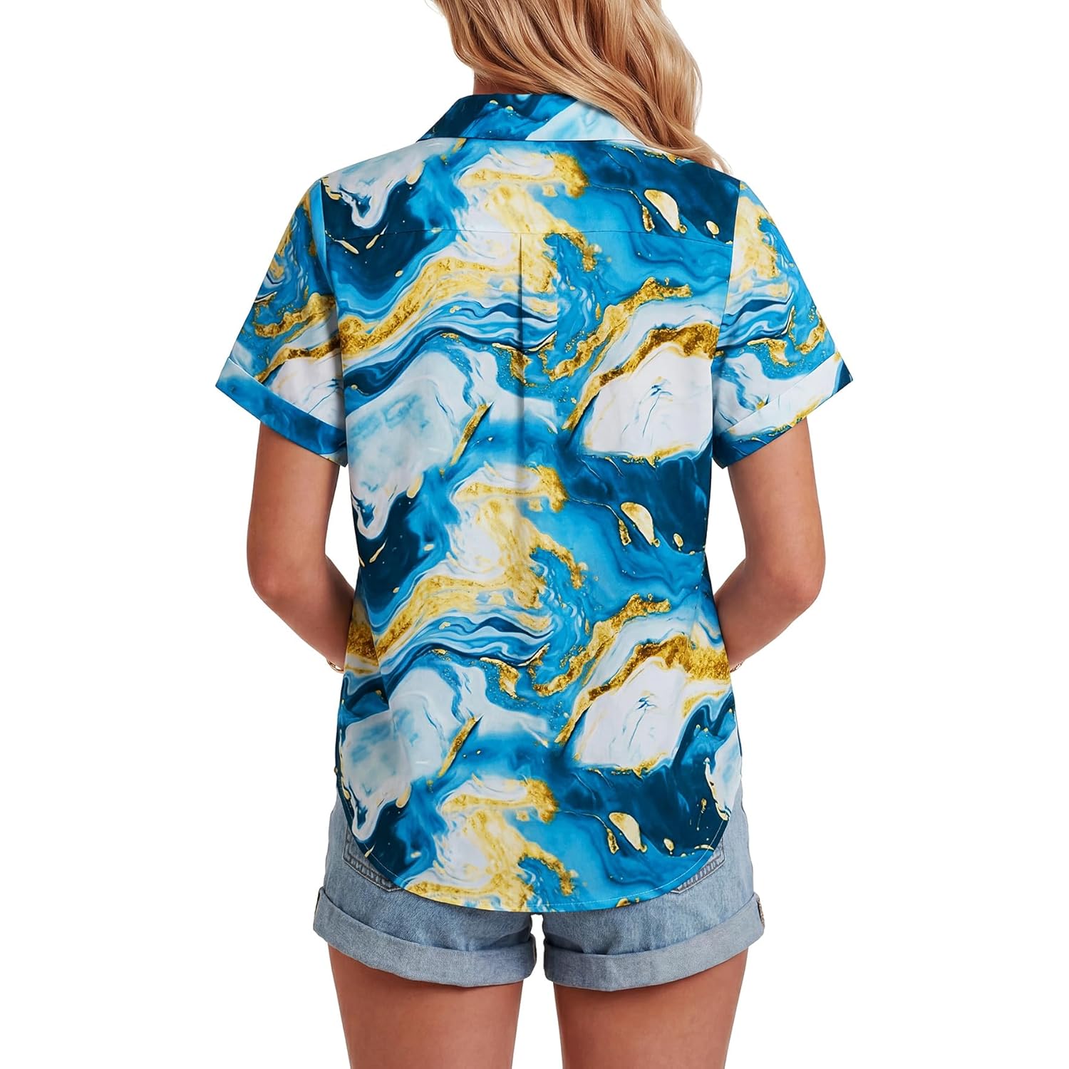 Women's Button Down Shirt V Neck Short Sleeve Blouse Business Casual Collared Summer Tops with Pocket