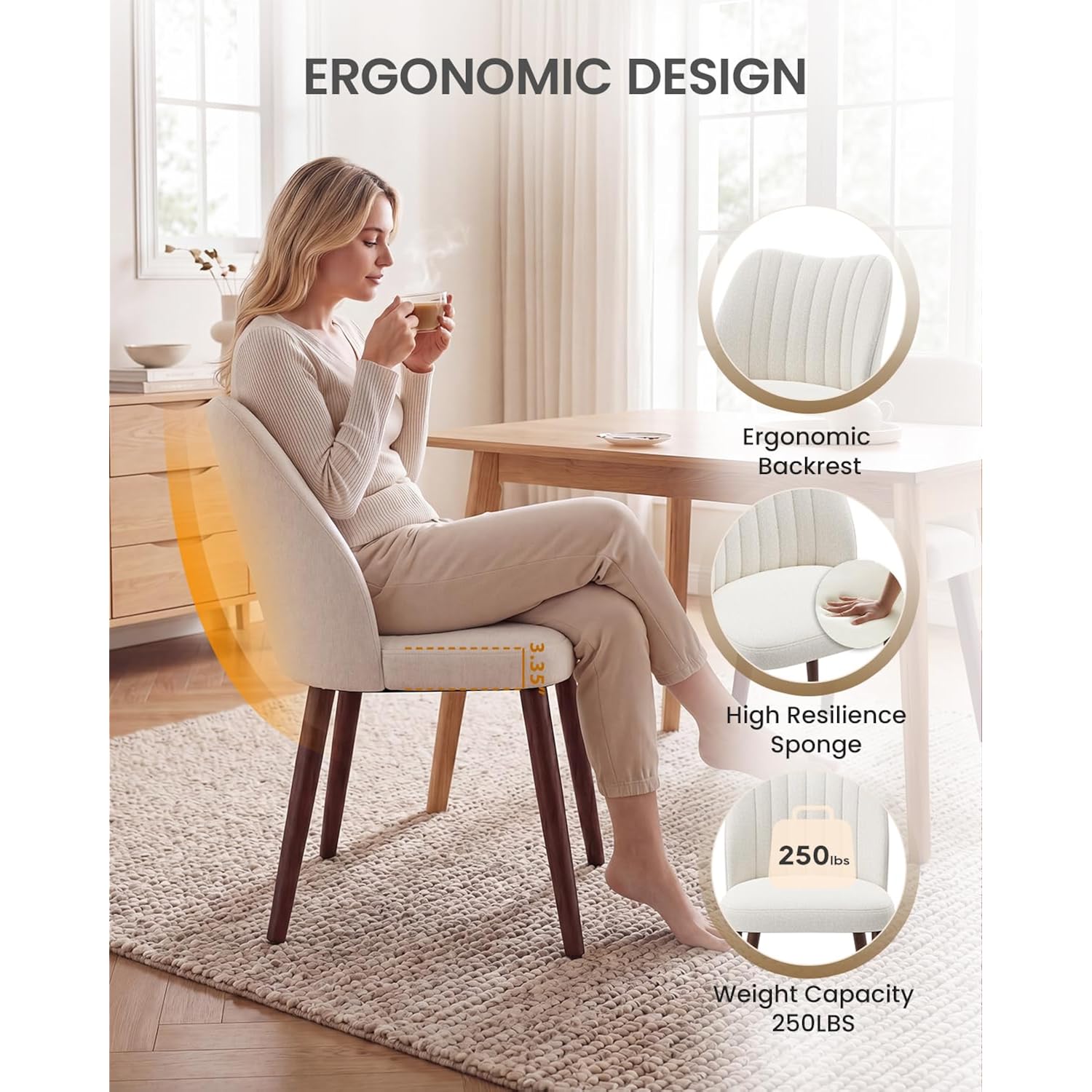 Upholstered Dining Chairs Set Of 4, Farmhouse Fabric Kitchen Chairs With Solid Wood Legs, Modern Dining Room Chairs For Restaurant & Cafe, Beige