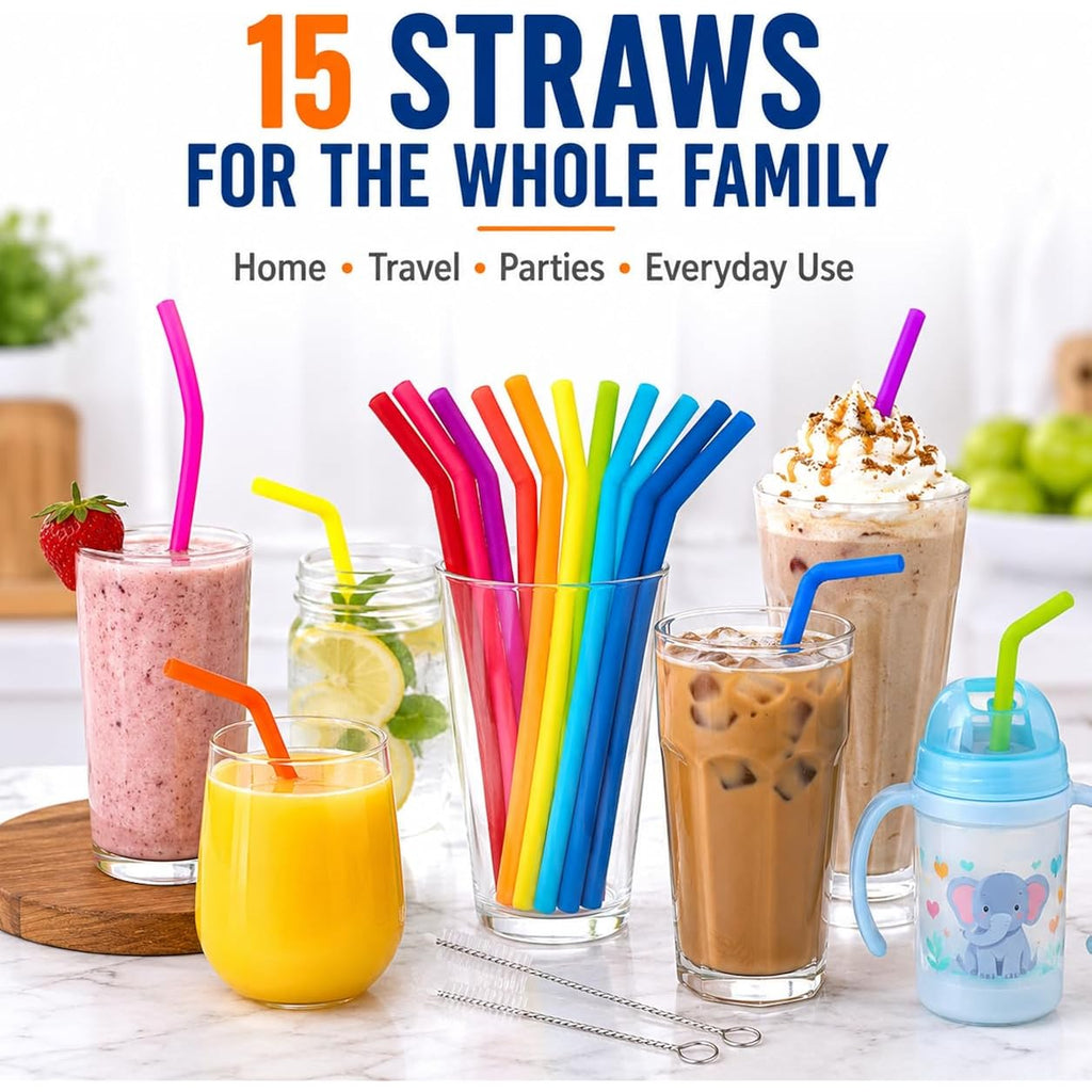 Reusable Silicone Straws For Tumblers, Smoothies & Kids Drinks – 15 Pack Flexible Bpa-Free Drinking Straws With 2 Cleaning Brushes – Soft On Teeth & Lips – Fits 20Oz & 30Oz Tumblers