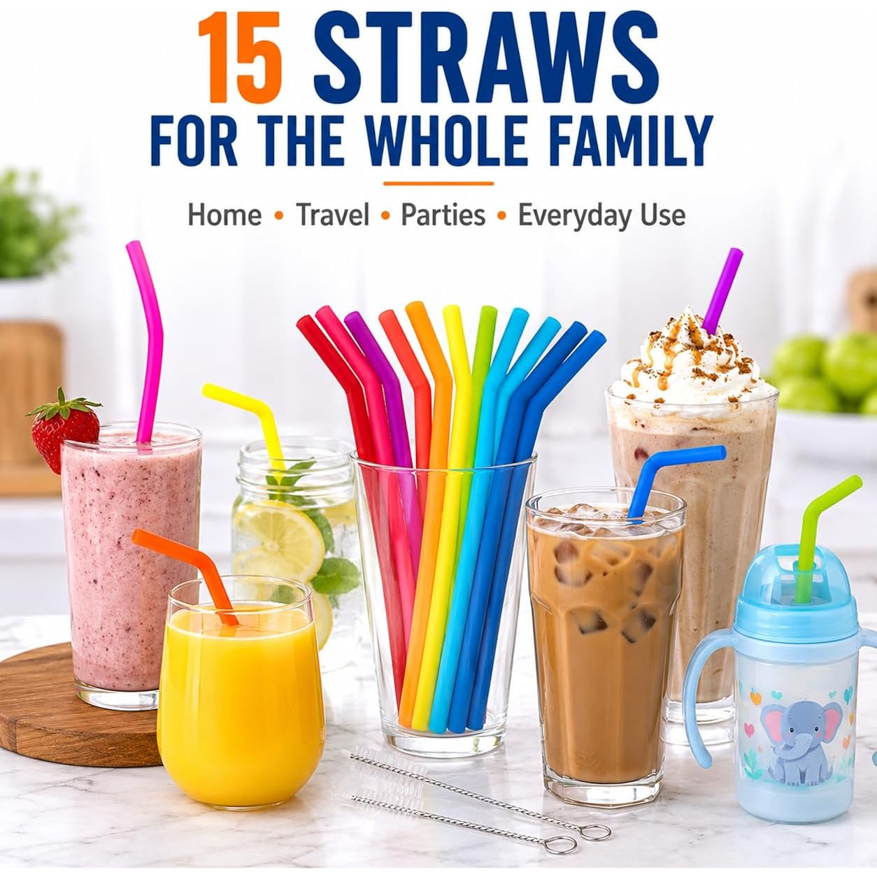Reusable Silicone Straws For Tumblers, Smoothies & Kids Drinks – 15 Pack Flexible Bpa-Free Drinking Straws With 2 Cleaning Brushes – Soft On Teeth & Lips – Fits 20Oz & 30Oz Tumblers