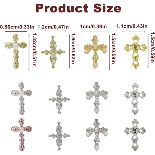 120Pcs 3D Cross Nail Charms, 12 Grids Metal Nail Art Charms Gold Silver Gun Black Decorations DIY Accessories Professional Manicure for Gel Polish Supplies