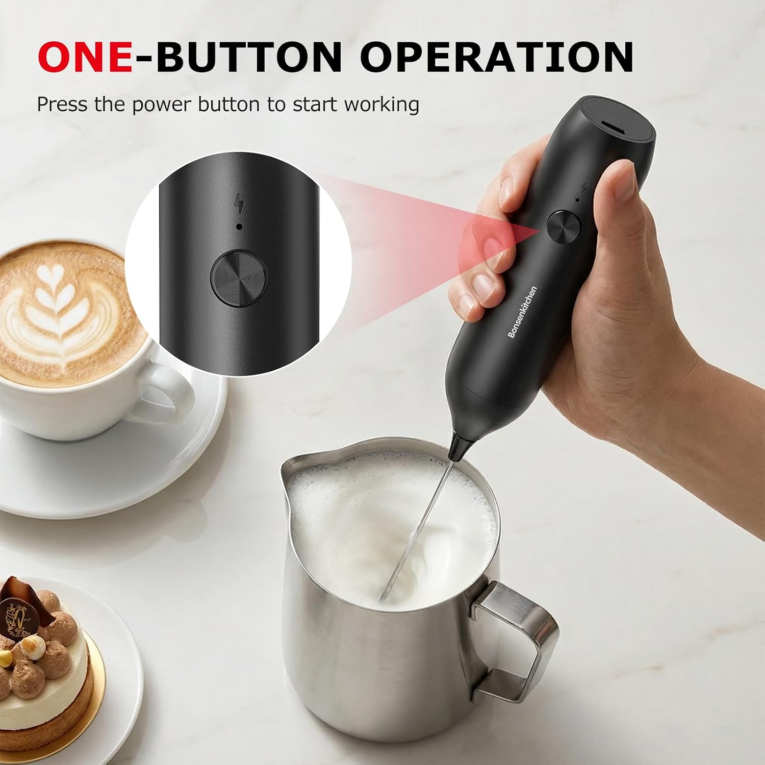 Bonsenkitchen Rechargeable Milk Frother Handheld, Electric Foam Maker With Stainless Steel Whisk, Charging Usb-C, Portable Hand Wand Drink Mixer For Coffee Matcha Lattes Cappuccino, Kitchen Gifts