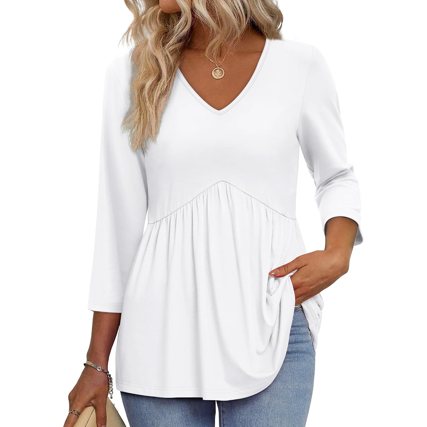 Ofeefan 3/4 Length Sleeve Womens Tops 2025 Blouses For Women Dressy Casual Fashion Clothing V Neck Babydoll Tops Fall Outfits