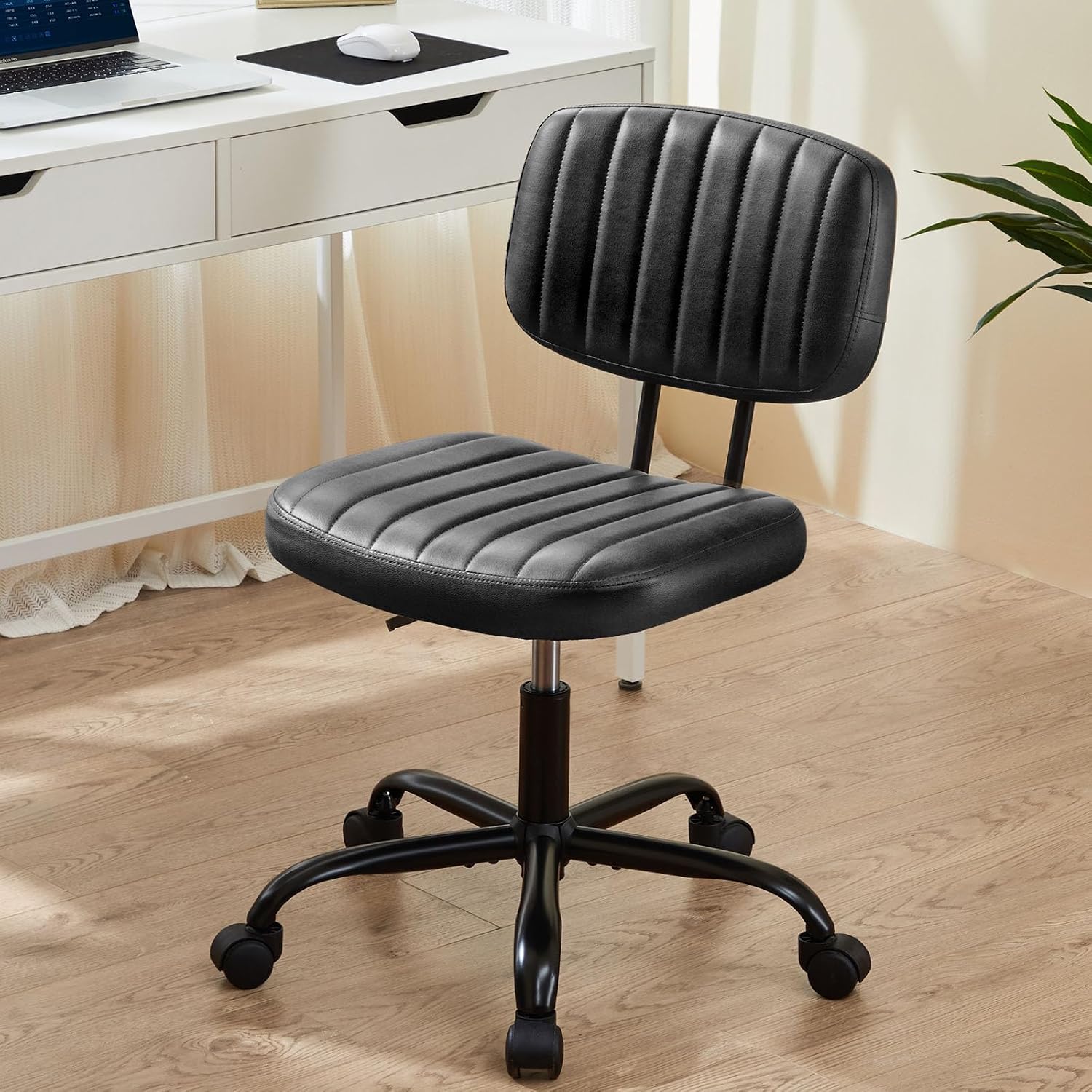 Sweetcrispy Small Office Desk Chair, Armless Pu Leather With Comfy Lumbar Support, Height Adjustable Rolling Swivel Task For No Arms, For Adult, Student, Bedroom, Home, Vanity, Black
