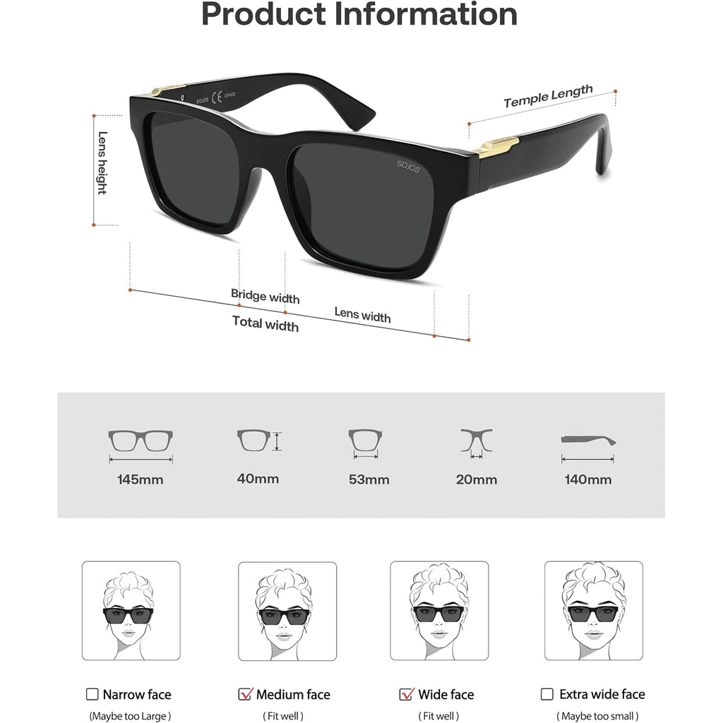 SOJOS Trendy Polarized Square Sunglasses for Women Men,UV400 Retro Square 70s 80s 90s Shades SJ2622 Black