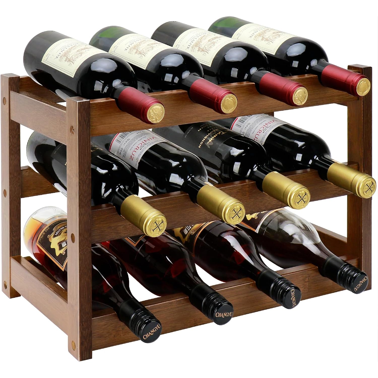 Bamboo Wine Rack, 3-Tier 12 Bottles Wine Storage Cabinet Shelf, Easy-Assembly Freestanding Bamboo Wine Racks Countertop For Kitchen Pantry Dining Room Bar, Walnut