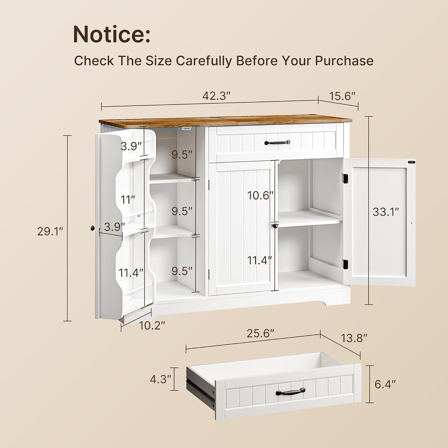 Gizoon Kitchen Coffee Bar Cabinet With Storage Kitchen Sideboard Buffet Cabinet With Drawers, Short Pantry With Door And Shelves For Bathroom And Living Room, White And Rustic