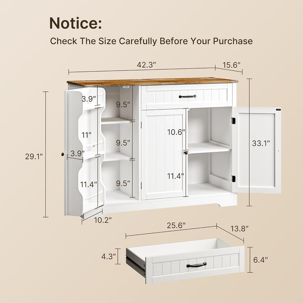 Gizoon Kitchen Coffee Bar Cabinet With Storage Kitchen Sideboard Buffet Cabinet With Drawers, Short Pantry With Door And Shelves For Bathroom And Living Room, White And Rustic