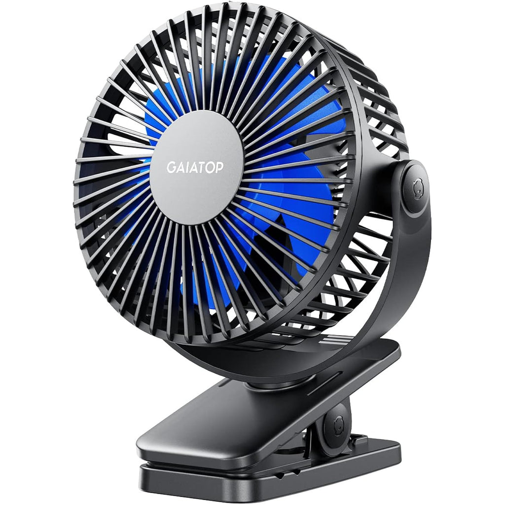 Gaiatop Portable Clip On Fan, Mini Personal Rechargeable Fan Black Blue | Battery Operated, Small 3 Speed Quiet 360° Rotate, Cooling For Desk Table Home Office Stroller Camping Women Gifts