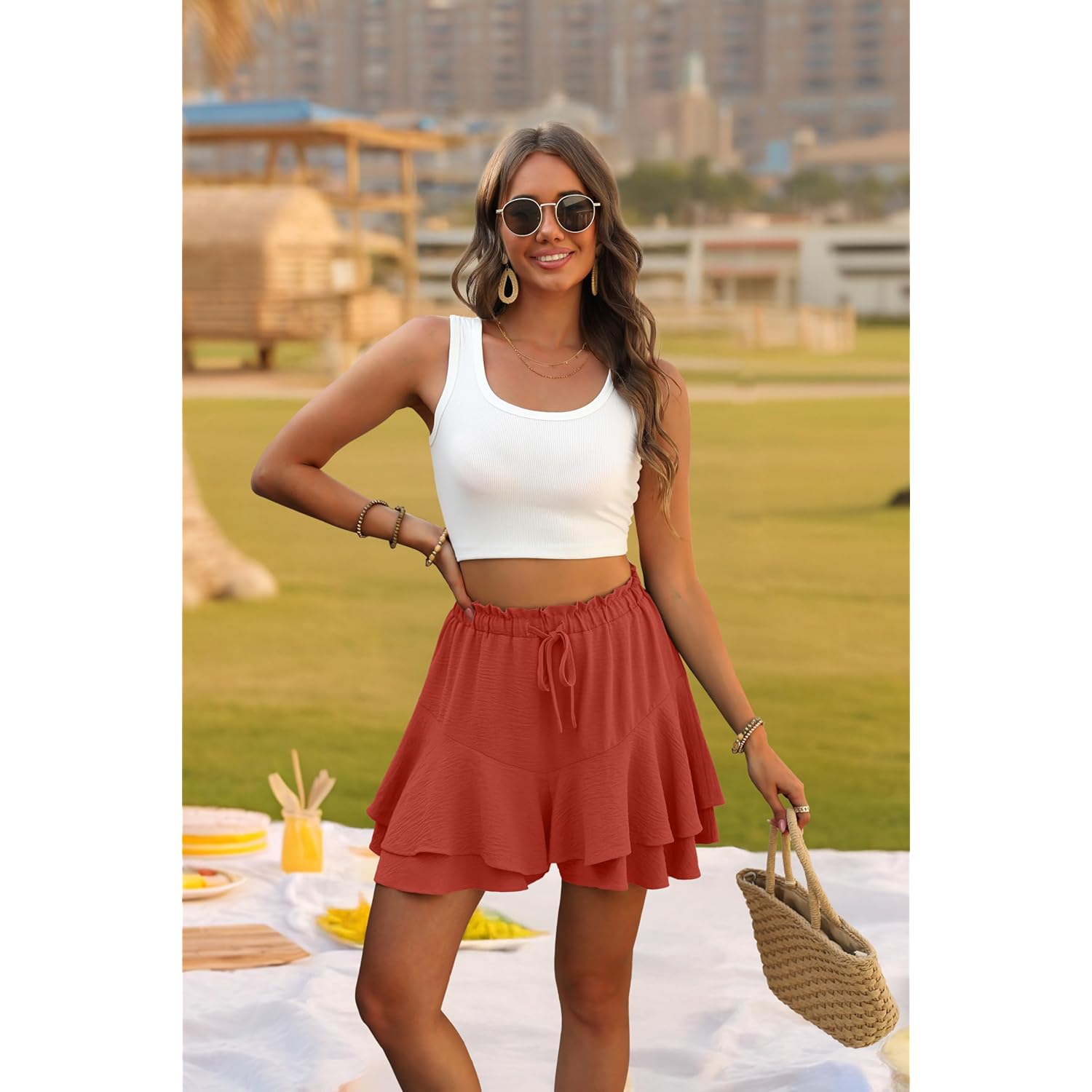 Flowy Shorts for Women Boho Ruffle Tiered Butterfly Skorts High Waist Mini Skirts Casual Shorts