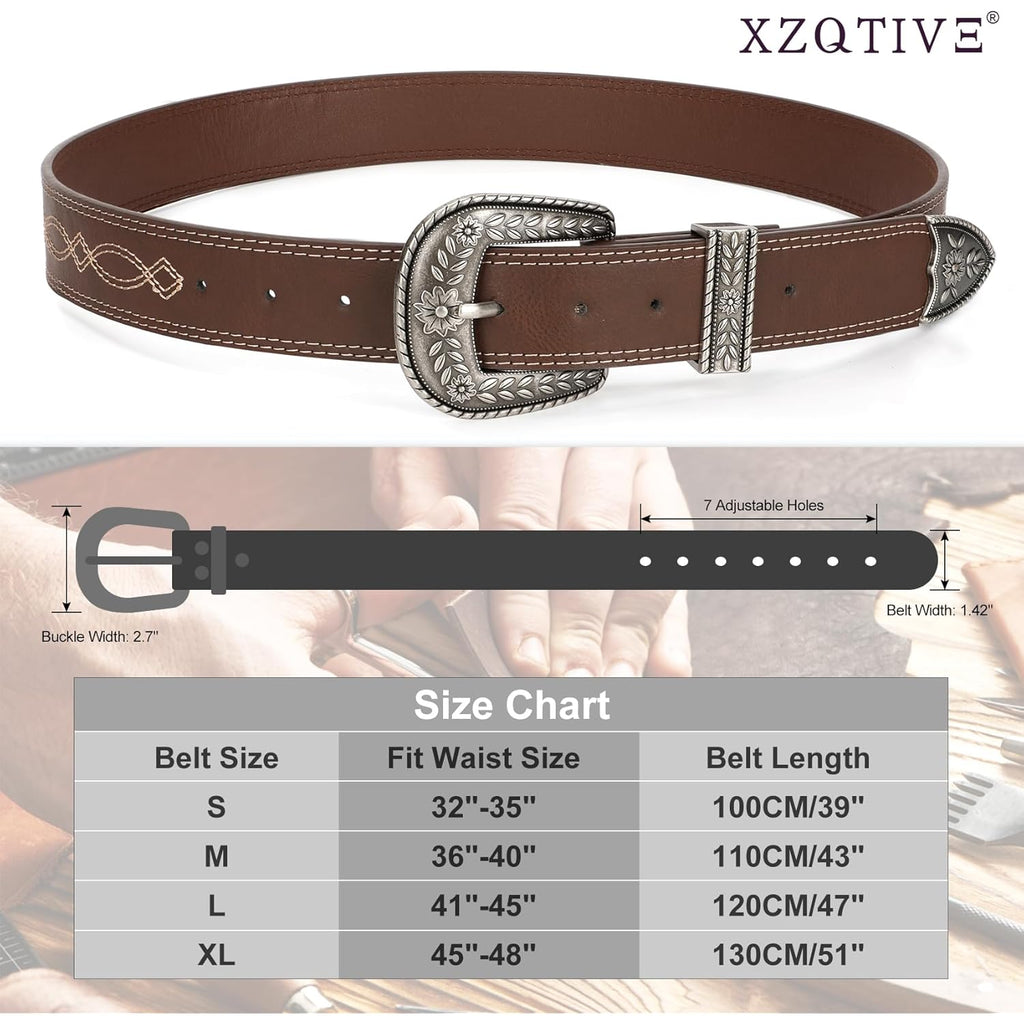 XZQTIVE Women Men Genuine Leather Belt Vintage Ladies Western Belt Engraved Tooled Leather Belt Cowboy Cowgirl Country Belt