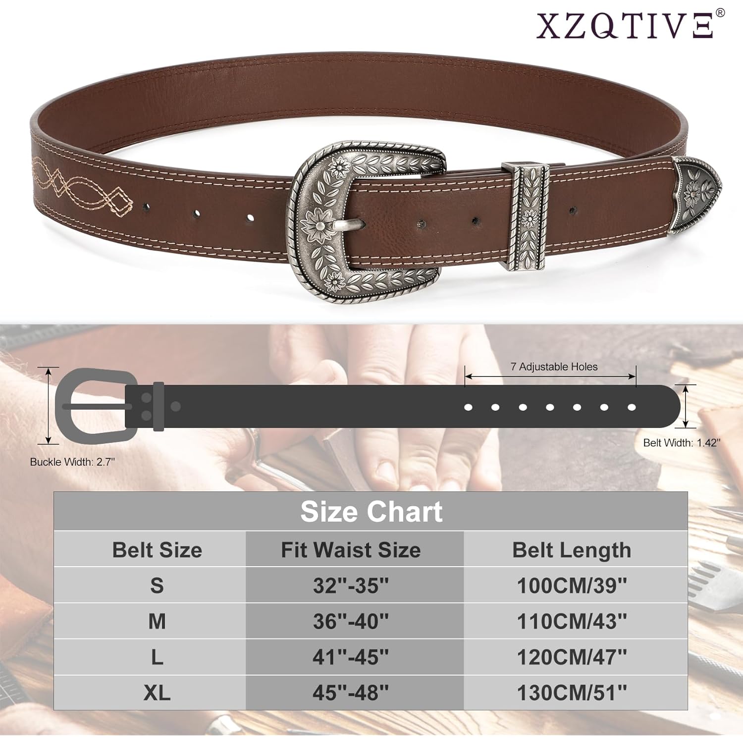 XZQTIVE Women Men Genuine Leather Belt Vintage Ladies Western Belt Engraved Tooled Leather Belt Cowboy Cowgirl Country Belt