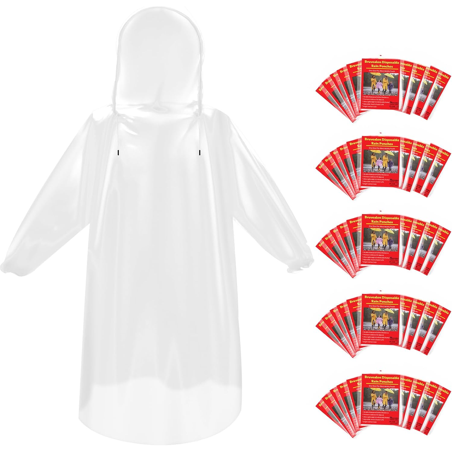 6 & 20 & 50 Pack Disposable Rain Ponchos For Adults/Youth, Waterproof Pe Raincoats With Drawstring, Camping/Emergency