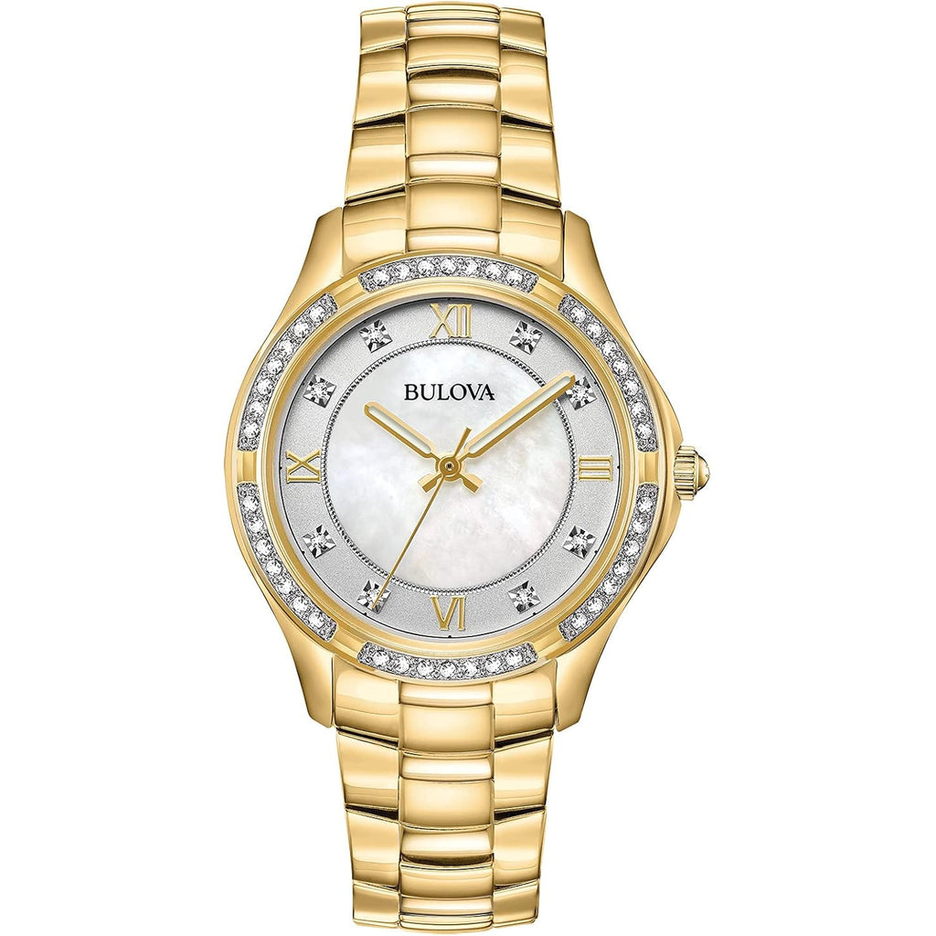 Bulova Ladies' Crystal Stainless Steel 3-Hand Quartz Watch, White Mother-Of-Pearl Dial