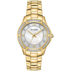Bulova Ladies' Crystal Stainless Steel 3-Hand Quartz Watch, White Mother-Of-Pearl Dial