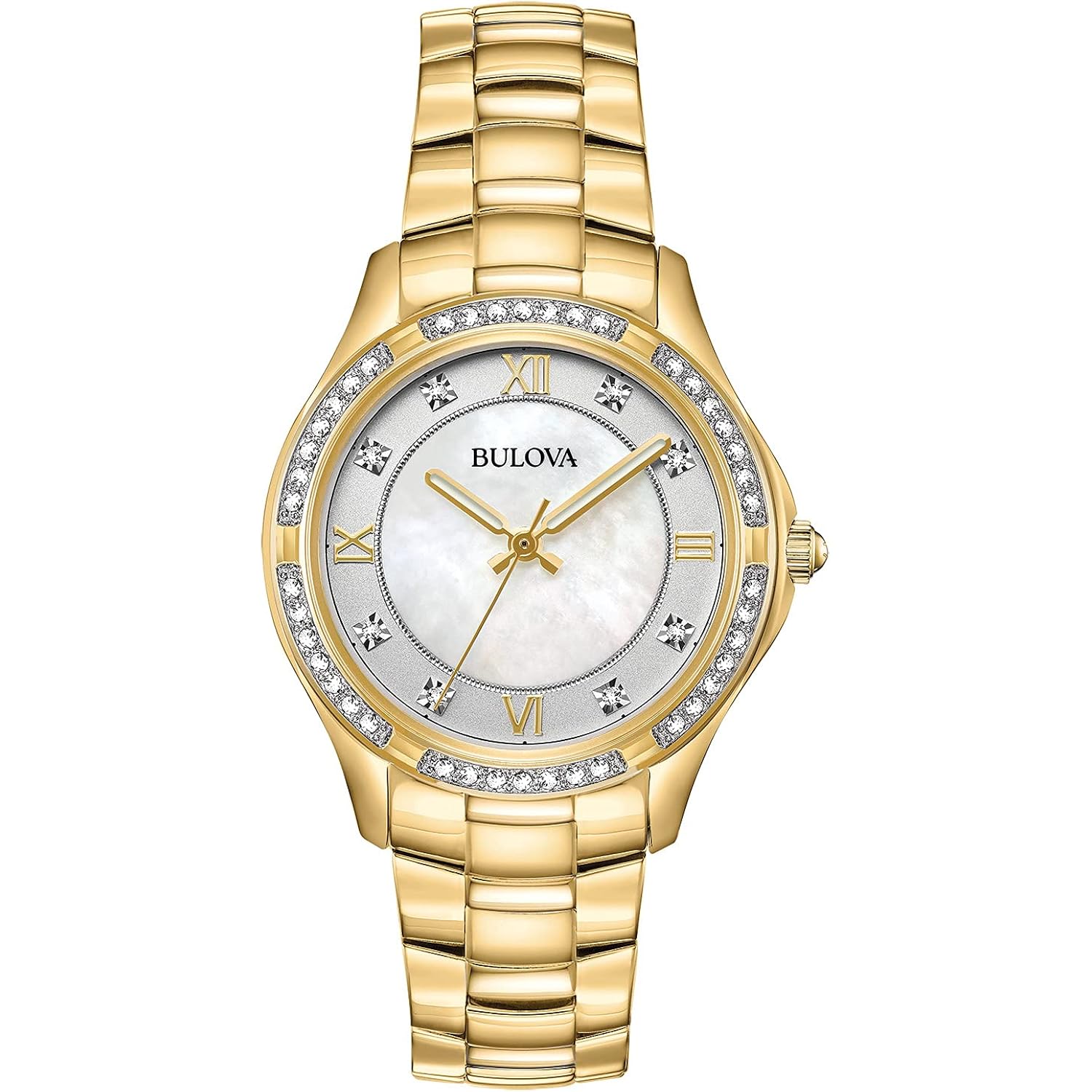 Bulova Ladies' Crystal Stainless Steel 3-Hand Quartz Watch, White Mother-Of-Pearl Dial