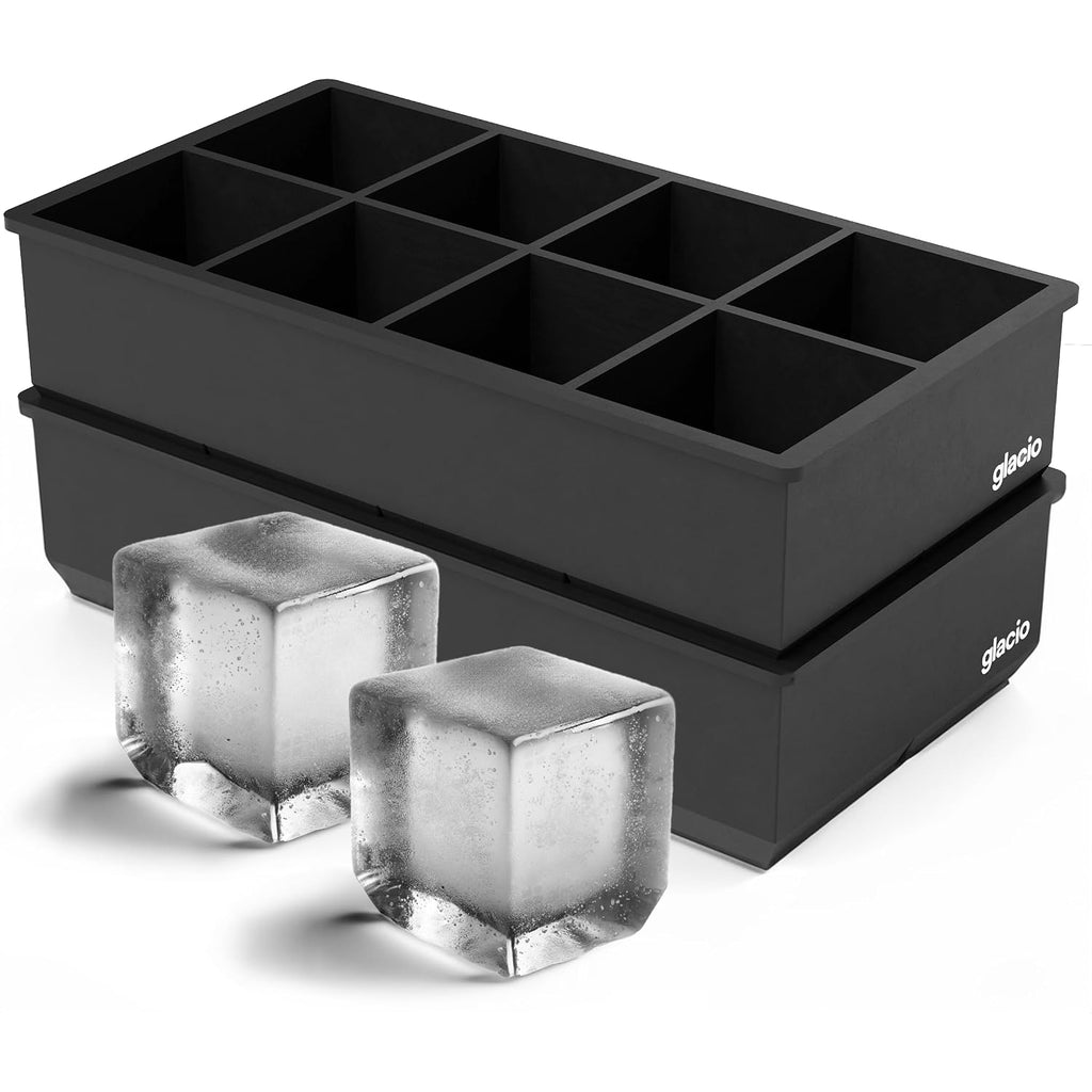 Ice Cube Molds – 2-Pack Silicone Trays For 8 Large Square Cubes – Slow-Melt Ice For Whiskey, Cocktails, Coffee & More (Black)