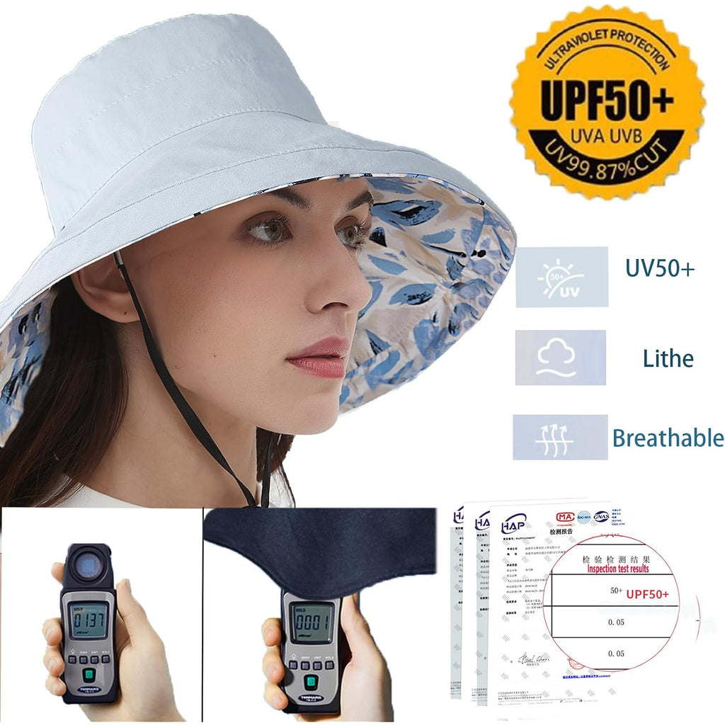 vidsel Womens Sun Hats Wide Brim Reversible Bucket Cotton Hat Packable Summer Travel Cap with Hat Clip,UV Protection Blue
