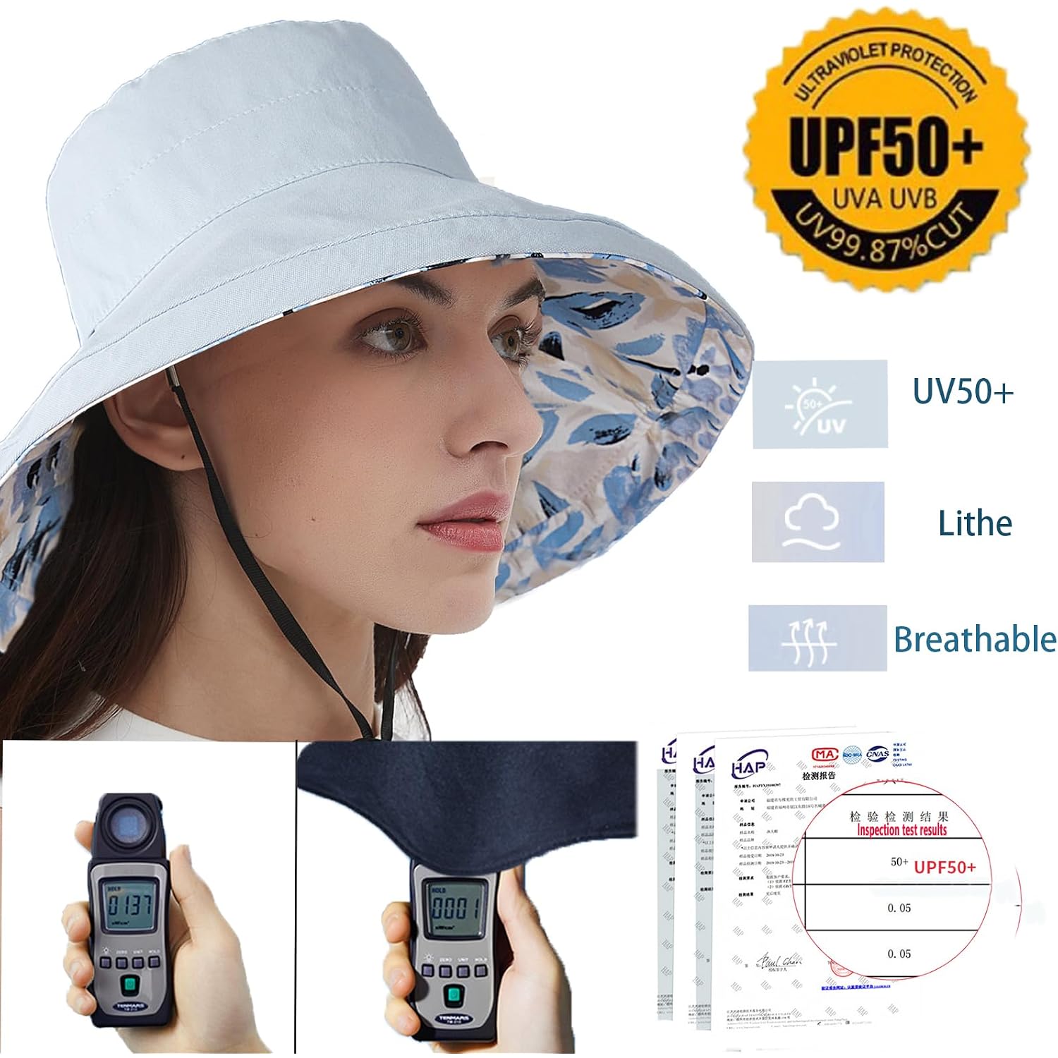vidsel Womens Sun Hats Wide Brim Reversible Bucket Cotton Hat Packable Summer Travel Cap with Hat Clip,UV Protection Blue